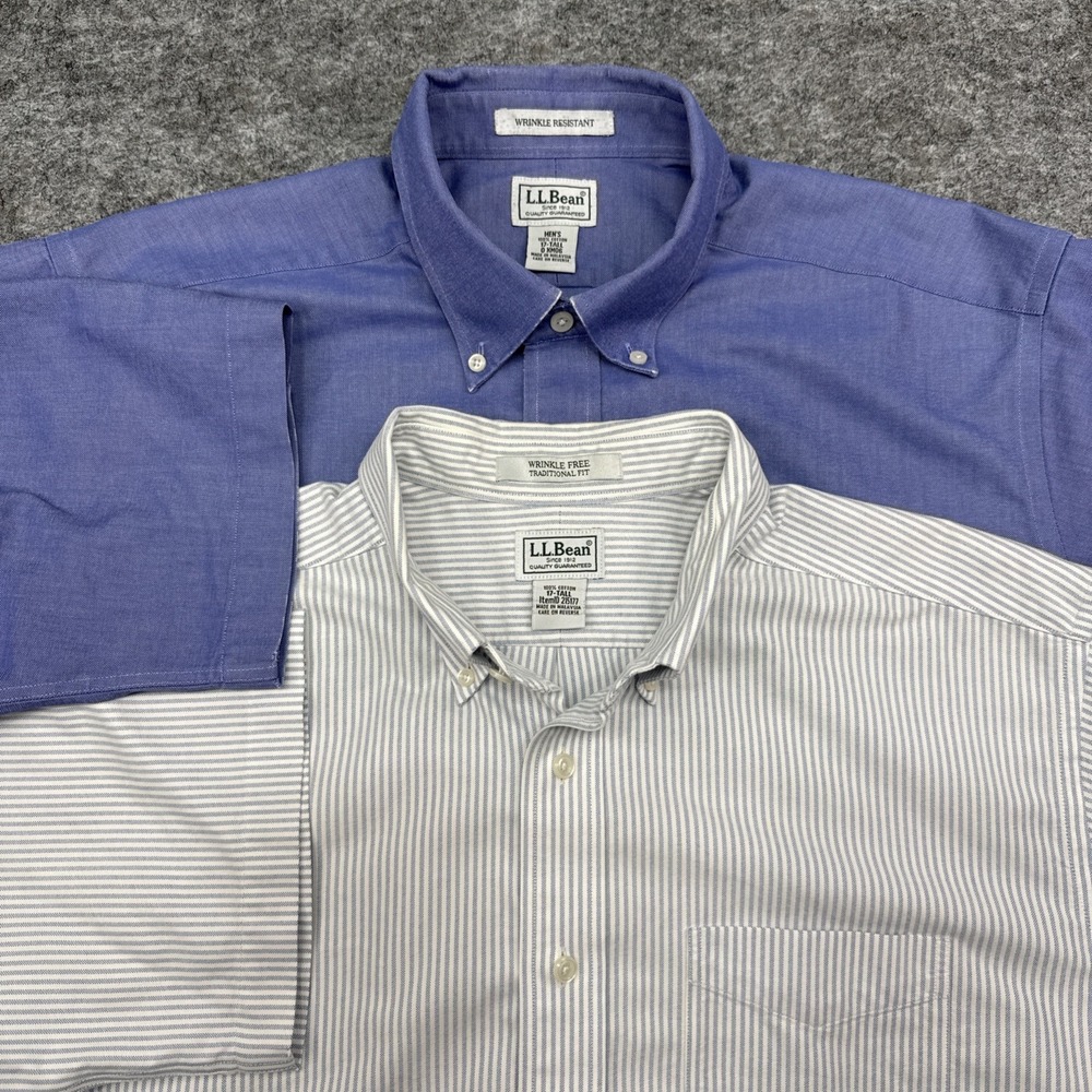 LL Bean LOT of 2 shirts mens 17 tall blue striped wrinkle resistant short sleeve